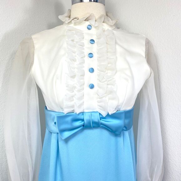 Vintage 70s Baby Blue Prom Dress Small Union Label Maxi Long Sleeves Ruffles USA - Picture 2 of 14